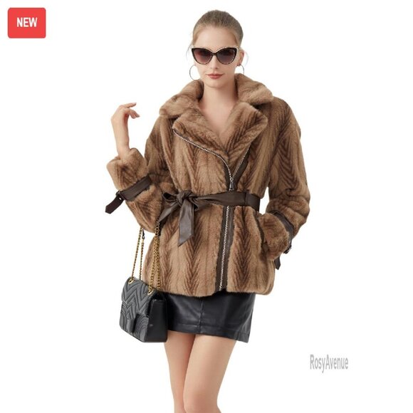 Jackets & Blazers - Faux Fur Cropped Jacket with Belted Waist and Leather Accents